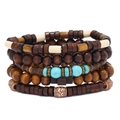 Multilayer beaded wooden bracelet set with vintage cross pendant and natural stone accents - Retro Cross Wood Bead 5-Piece Set