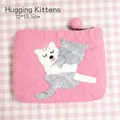 Pink wool felt cat embroidery coin purse with zipper and pompom 12x15.5cm pouch - Hugging Cats Coin Purse