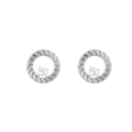 Silver stainless steel twisted rope earrings with round sparkling center zircon studs - Twisted Rope Ring Stud (E304090) - White White