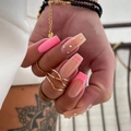 French style long trapezoid press-on nails in pink and glitter nude with line art - Pink Coffin French Style (DW11)