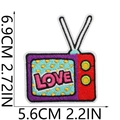 Macro detail of retro TV embroidery patch with LOVE text and size measurement 6.9x5.6cm - No. 11 (Multicolor TV Love)