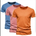 Men's slub cotton t-shirts in blue, pink, and orange showing soft fabric texture - S / Denim Blue + Red + Ginger