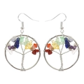 Detailed close-up of handmade Tree of Life earrings with colorful amethyst and chakra stones - 3.5cm / Silver + Multicolor
