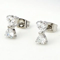 Silver bow stud earrings featuring four heart-shaped cubic zirconia in stainless steel - Heart Bow (E0026S) / Steel