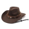 Brown wool felt cowboy hat with ethnic style decorative band and windproof chin strap - M (56-58cm) / Brown