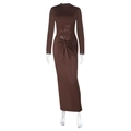 Brown long sleeve bodycon maxi dress with waist mesh patchwork and twist detail - S / Brown