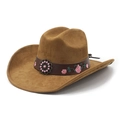 Chapeau de cowboy en daim marron avec bandeau en cuir floral et ornement en bronze - M(56-58cm) / Kaki