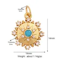 Detailed view of gold evil eye pendant featuring turquoise center and white zircon stones - Gold Turquoise Sun