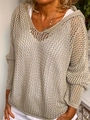 Loose fit light grey crochet knit hoodie with hollow out texture and long drop sleeves - S / Khaki