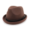 Detailed texture of dark brown wool fedora hat with black leather band and metal buckle - M (56-59cm) / Coffee
