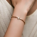 Minimalist double-layer gold plated bracelet featuring a horizontal cross pendant - Double Chain Cross (KB0591)