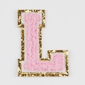 Pink chenille letter L embroidery patch with gold sequins for passport covers - Letter L