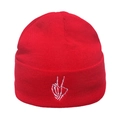 Red knit beanie for men with white skeletal hand gesture embroidery in rib-knit style - Skeleton Gesture Embroidery / Red