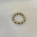 Elastic beaded ring featuring golden metal beads and translucent grey natural stone accents - Natural Labradorite