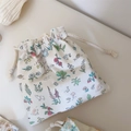 Macro detail of floral canvas drawstring bag with hedgehog and plant illustrations - Cartoon Animal Floral