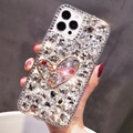 Detailed view of luxury iPhone case with handmade colorful diamonds and a golden heart - White / 7P/8P