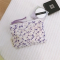 Detail of floral purple mini cotton pouch with white zipper and simple wish label - Purple Background Pink White Floral