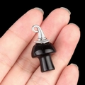 Natural black obsidian mushroom pendant with silver metal christmas hat cap detail - Gun Black Cap / Obsidian