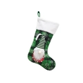 Close-up of a green plaid Christmas stocking with a plush gnome and snowflake details - Green Plaid Gnome / Green
