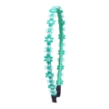 Slim green fabric headband featuring light blue and dark green embroidered daisies - Green