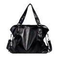 Large black faux leather tote bag with silver hardware and adjustable shoulder strap - Black