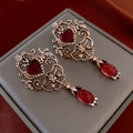 Vintage gold diamond flower earrings with red heart crystals and luxury tassels - Gold Heart Red Stone Style (33#)