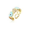 Detailaufnahme goldener offener Ring mit Evil-Eye-Herz und Zirkonia-Verzierung - Einstellbar Offen / Hellblau