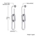 Detailed view of polished stainless steel chain earrings showing dimensions and length - ED-405S (Silver Long 3-Link) / Silver