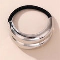 Detail of silver double-layered metal buckle on a black elastic hair tie minimalist style - Double Layer Arc Metal Hair Tie / Silver