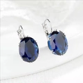 Elegant oval dark blue gemstone earrings with silver lever-back hooks for women - Dark Blue