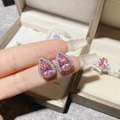 Elegant pear cut pink cubic zirconia earrings with halo setting in S925 sterling silver - Pink Diamond Teardrop Earrings Led-141
