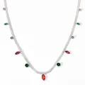 Flat herringbone snake chain necklace with colorful oval zircon pendants in silver finish - PDD173 Style / Silver+Multicolor Zircon