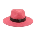 Chapeau de paille rose avec emblème tête de taureau et bande en cuir brodée florale - Rose