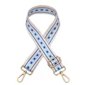 Detailed view of adjustable wide purse strap with blue diamond geometric pattern - Style 29 (Beige Blue Diamond/Gold Buckle)