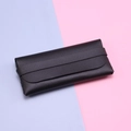 Minimalist black PU leather glasses pouch with textured weave and strap closure - Black Thin Case without Buckle