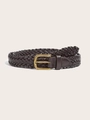 Detail of dark brown braided belt featuring a vintage gold square buckle on beige background - Coffee