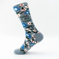 Funny floral crew socks in grey blue featuring 'Bitch I AM relaxed' slogan text - One Size (38-43) / White Floral AB Style (Bitch I AM relaxed)