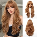 Long wavy wig with bangs in light brown honey blonde shade for a Barbie style look - Orange
