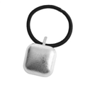 Minimalist black elastic hair tie with a square silver metal geometric charm - Silver