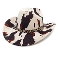 Cappello da cowboy con stampa mucca, fascia leopardata e fibbia dorata su sfondo bianco - M (56-58cm) / Stampa Mucca Beige