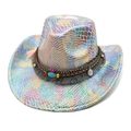 Chapeau de cowboy irisé motif serpent avec bande bohème en turquoise et plumes - M (56-58cm) / Blanc