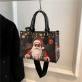 Borsa tote natalizia in pelle nera con Babbo Natale e tracolla larga in stile - caffè