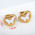 Golden stainless steel heart-shaped stud earring with white butterfly shell inlay 1.6cm - Butterfly Stud Earrings / 2 Pcs Per Pair