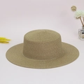 Flat top wide brim straw boater hat with subtle glitter detail on pink background - One Size / Khaki