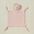 Pink cotton muslin baby security blanket with a cute sheep head and knotted corners - Light Pink (Lion)