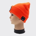 Orange knitted music hat with integrated LED light and side Bluetooth control panel - 4-LED Bluetooth Style / Fluorescent Orange