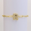 18k gold plated paperclip chain bracelet with a sparkling crystal paved letter R charm - Letter R