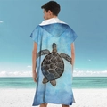 Light blue microfiber hooded beach poncho for men featuring realistic sea turtle print - Pullover Style - Turquoise Turtle