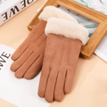Gants d'hiver marron en similicuir suédé avec poignets en fourrure beige et tactiles - Taille unique / Daim Synthétique Trois Lignes Kaki (Double Épais)
