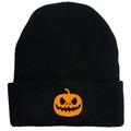 Schwarze Strickmütze mit Halloween Kürbis Stickerei für Damen und Herren - Schwarz Kürbis Stickerei Stil (黑色-F) / Schwarz